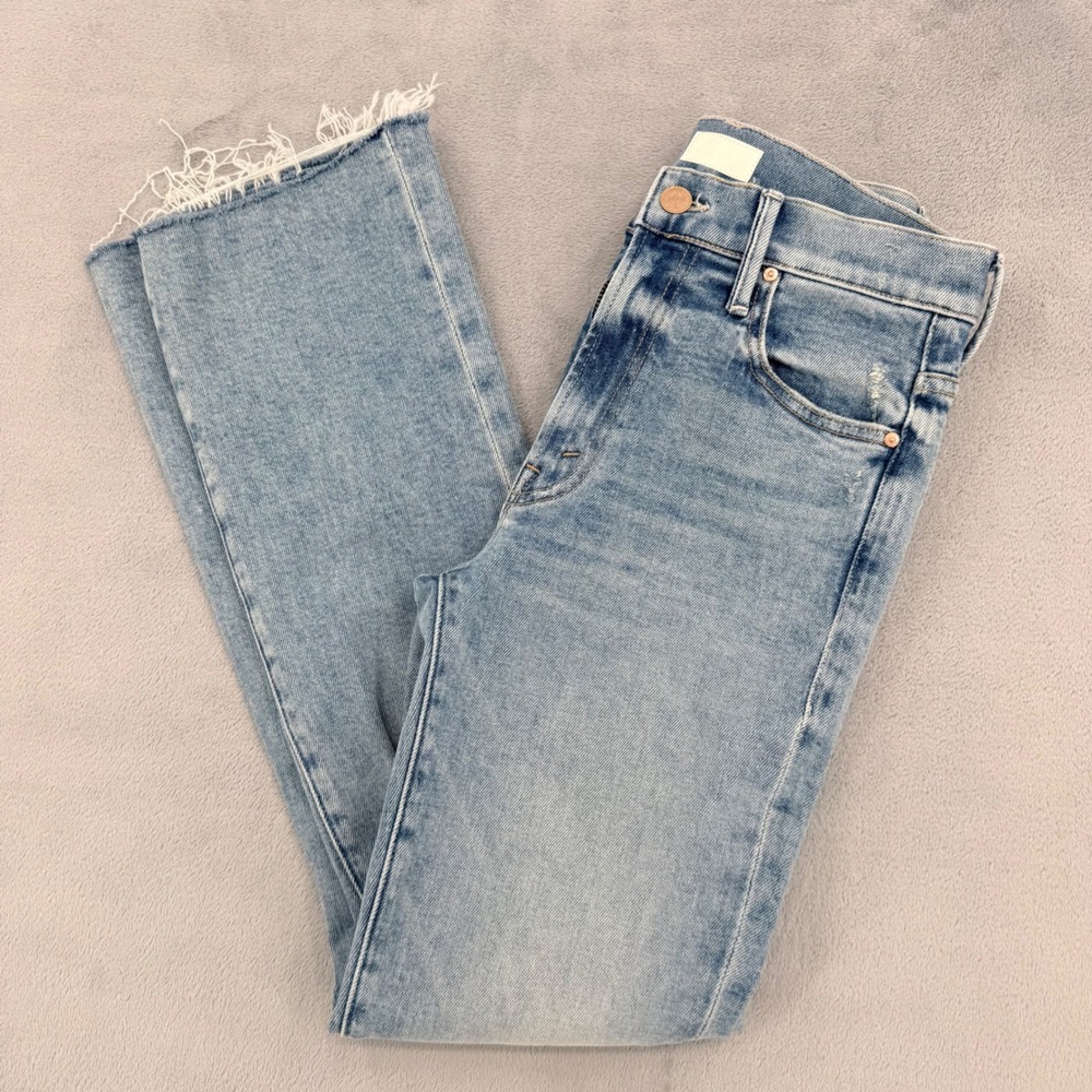 Mother Womens 26 High Waisted Distressed Straight Leg Jeans Light Wash Raw Hem